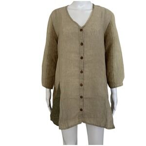 Flax Striped Button up V- Neck  Front Pockets Tunic Top Small